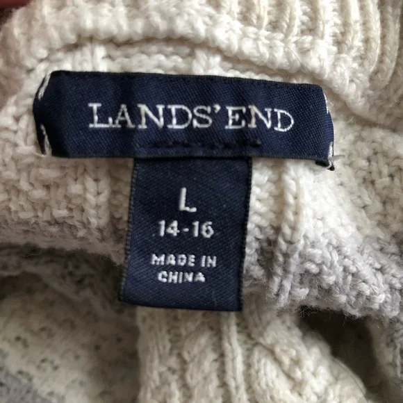 ⭐️ Lands End Gray and White Striped Cable Knit Sweater Size LARGE - Picture 7 of 12